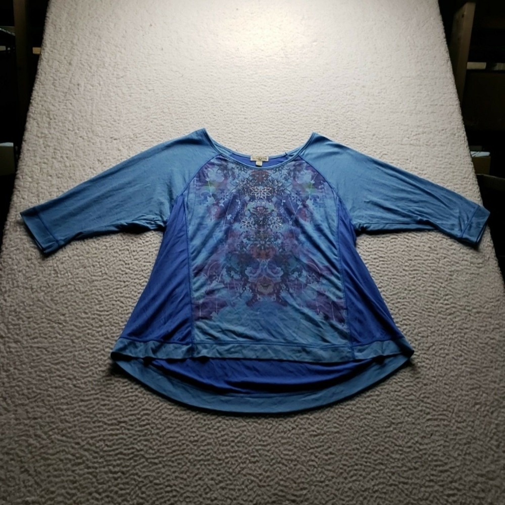 Live And Let Live Shirt Womens Plus 2X Blue Floral Scoop Neck 3/4 Sleeve Top